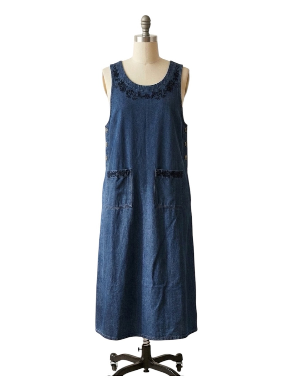White Stag Dark Blue Denim Sleeveless Dress, Embroidered Neckline, Size M(8/10)